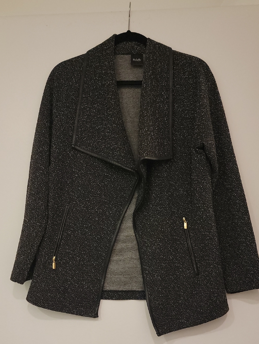 Black White Speckle Open Front Jacket Faux Leather Trim Gold Zip Pockets